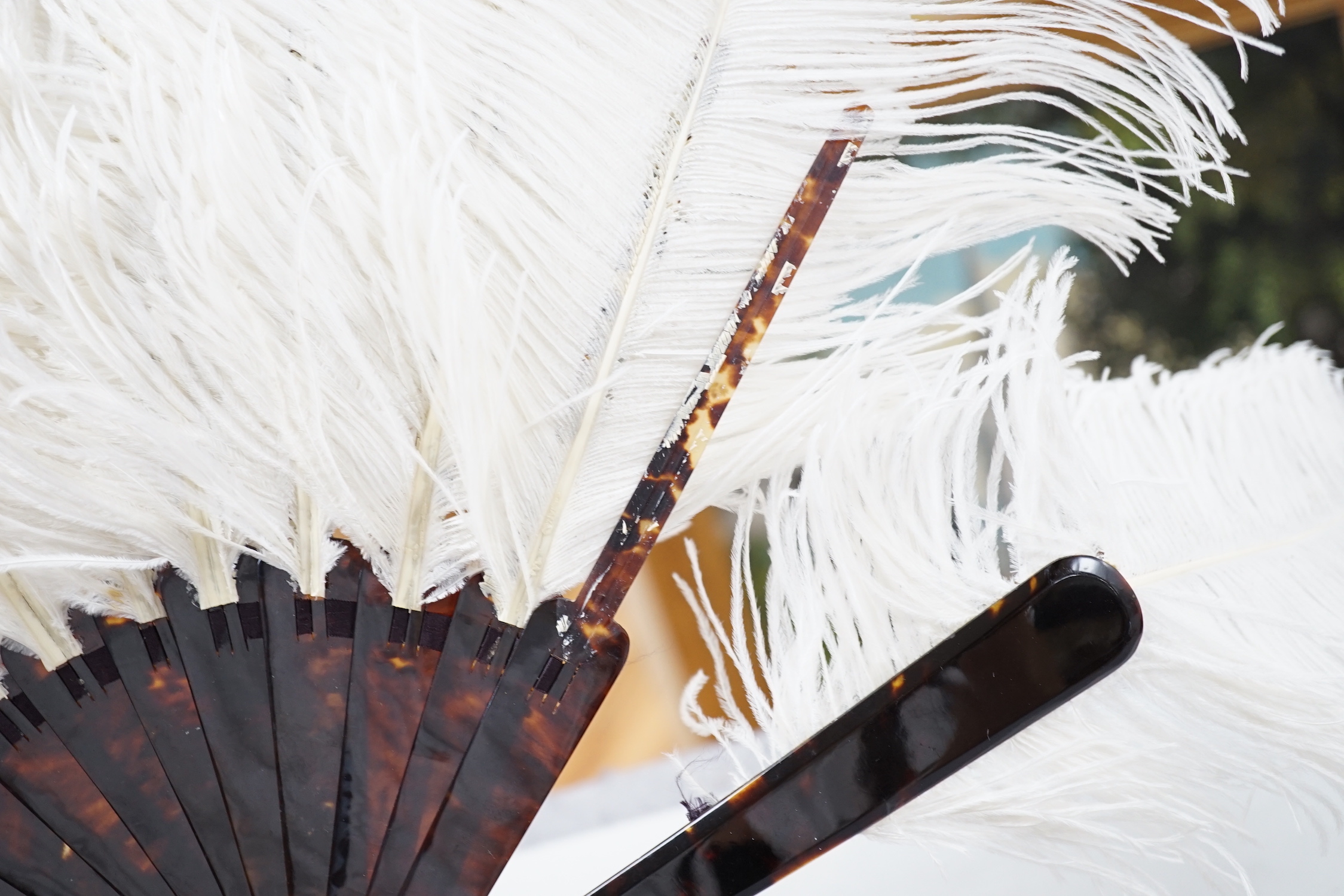 A beadwork bag and a petit point bag with a tortoiseshell and ostrich feather fan, bead bag 19cm high